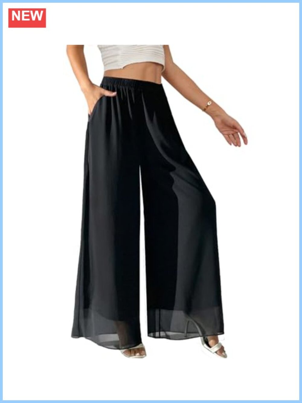 Chiffon Palazzo Pants High Waist Wide Leg Flowy Trousers with Pockets